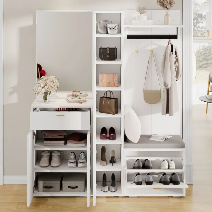 Garderobenset 150 x 36 x 180 cm mit Spiegel, Sitzbank und Schuh-Kippfach in Weiß