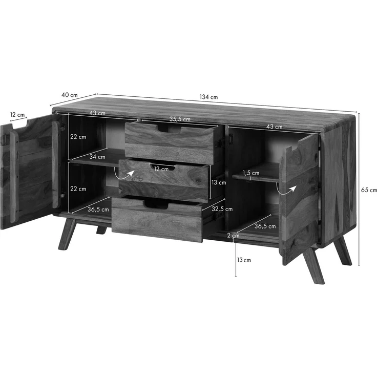 Sideboard Sheesham 134x40x65 natur sandgestrahlt lackiert MALMÖ 2 #207 – Bild 6