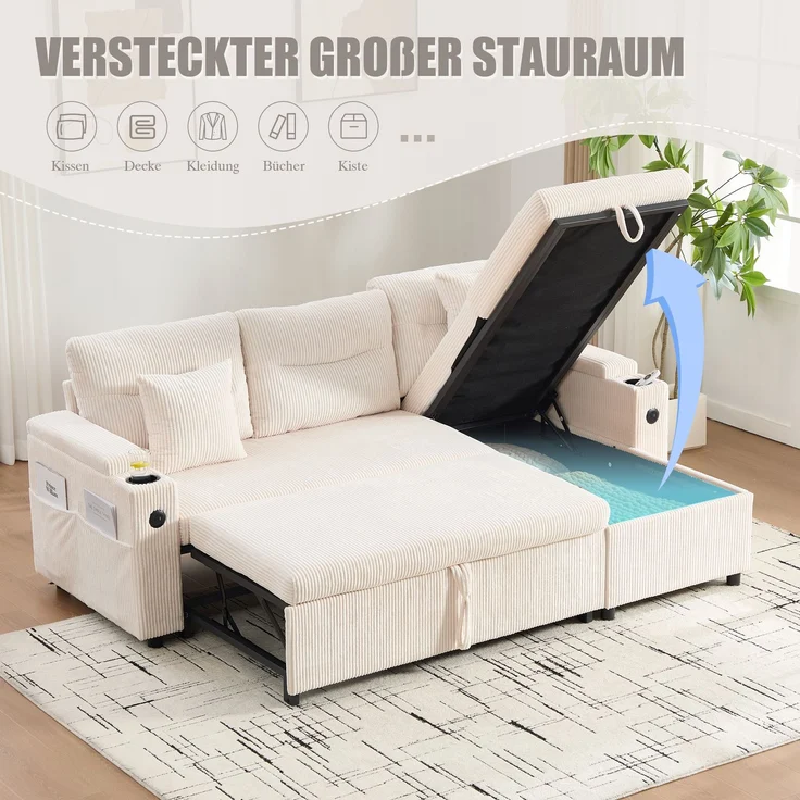 LVHOM Ecksofa mit Schlaffunktion L-Form, Schlafsofa mit Bettkasten, Loungesofa mit USB-C-Anschluss, Seitentaschen und Becherhaltern, Polstersofa aus Cord, Bettsofa ausziehbar 3 Sitzer – Bild 4