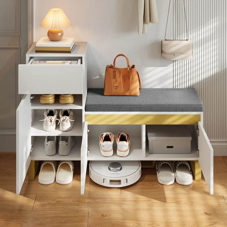 Schuhschrank MDF mit Sitzbank & Schublade, 120x35x85 cm, Weiß – Bild 2