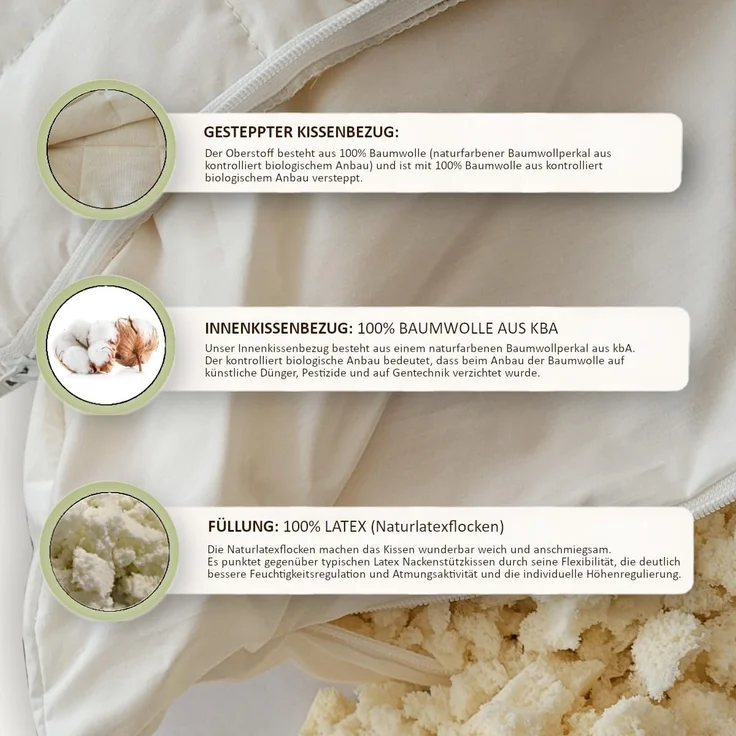 Meivita Kopfkissen Kopfkissen mit Naturlatexflocken und kbA Baumwollbezug, Füllung: 100% Latex (Naturlatexflocken), Bezug: 100% Baumwolle, Seitenschläfer, Rückenschläfer, Bauchschläfer, Kissen Hergestellt in Deutschland – Bild 7