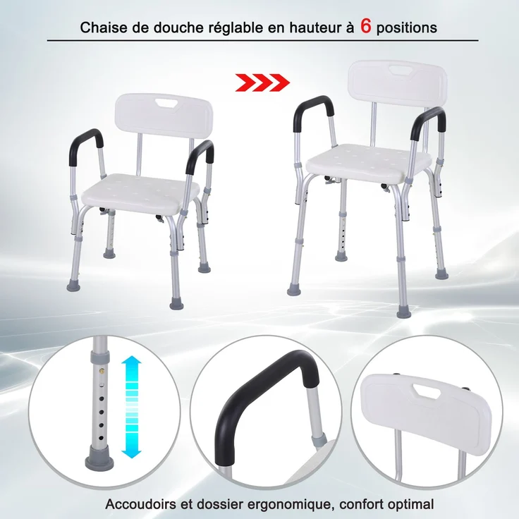 Duschstuhl mit Rückenlehne und Armlehnen, höhenverstellbarer Duschsitz mit rutschfesten Füßen, abnehmbare Armlehnen, bis 136 kg, Aluminium/HDPE, Weiß – Bild 9