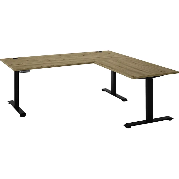 Eckschreibtisch >Ben< höhenverstellbar, Eiche Dekor / schwarz - 180x74/117x177cm (BxHxT)