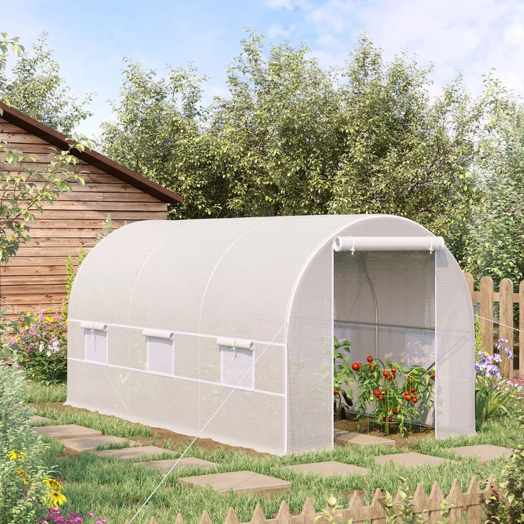 Wohnora-8 m² großes Gartentunnelgewächshaus mit Tür und 6 Fenstern, 140 g/m² PE-Folie, 400 x 200 x 200 cm, weiß,H 2000cm x T 1470cm x B 2000cm – Bild 2