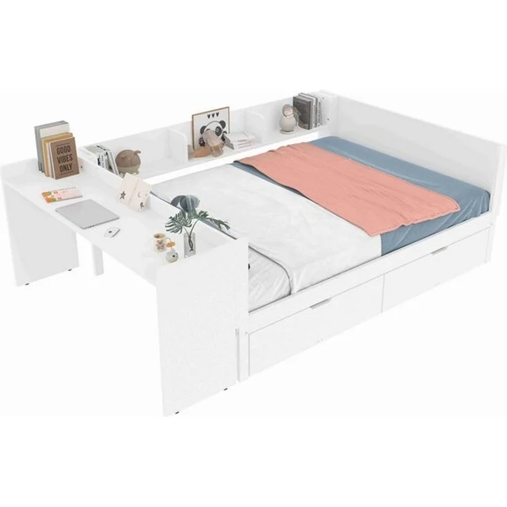 BlingBin Holzbett Kinderbett Multifunktionales Bett (1-tlg, mit Schreibtisch, 2 Schubladen und 3 Bücherregal, Ohne Matratze), weiß,Kiefernholz+Spanplatte, 140x200cm, für Kinder und Jugendliche – Bild 4