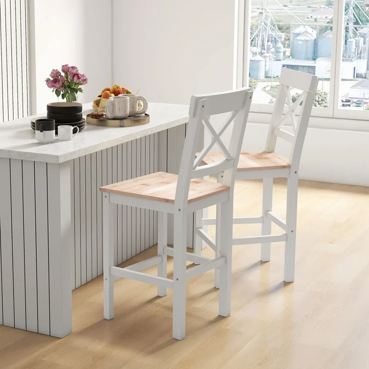 Barhocker 2er Set Barstuhl aus Kiefernholz mit Fußstütze, Lehne, Landhaus-Stil für Küche, Wohnzimmer, Natur--Naturholz--97.5x41x46cm--YOUDENOVA – Bild 4