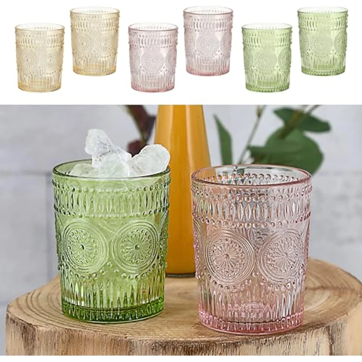 CEPEWA Glas Trinkglas 6er Set 'Mandala' Ø8x10cm 300ml Glas rosa grün orange – Bild 1