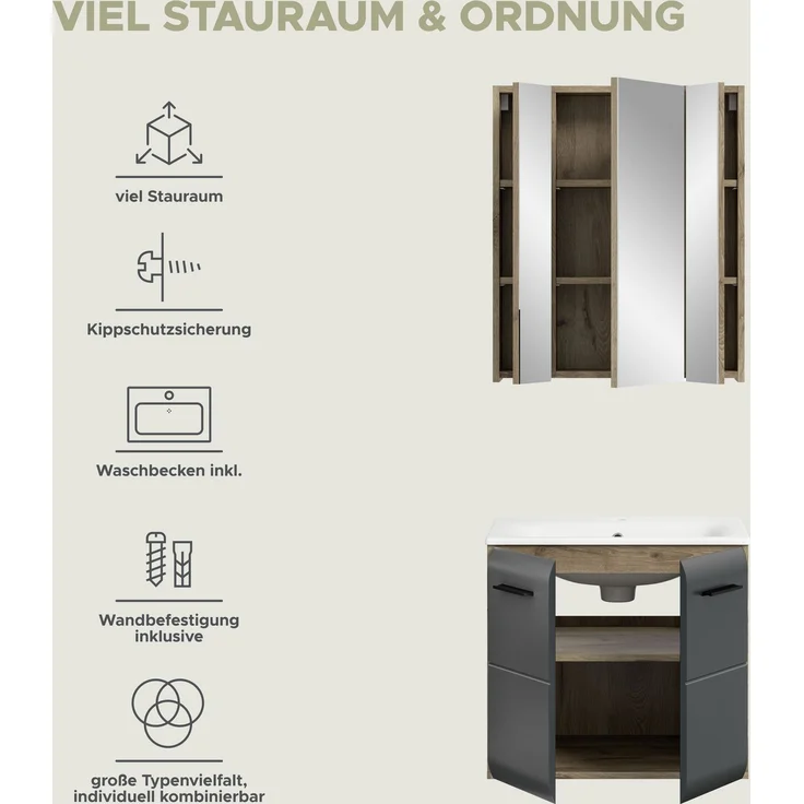 Badkombination (B/H/T: 60x185x46 cm) in schwarz matt und Nox Oak Nachbildung – Bild 9