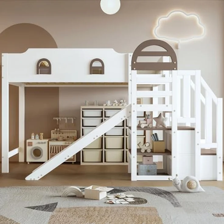 Odikalo Hochbett 90x200 Kinderbett mit Rutsche und Stauraum (Etagenbett, Kinderbett Mit Fenster, Mit Kinderrutsche, Treppen mit Handlauf, Mit 2 Schließfächer in der Treppe, Vielseitiges Design, Reichlich Stauraum, Kiefer+MDF, Weiß+Braun, 90x200cm) – Bild 4