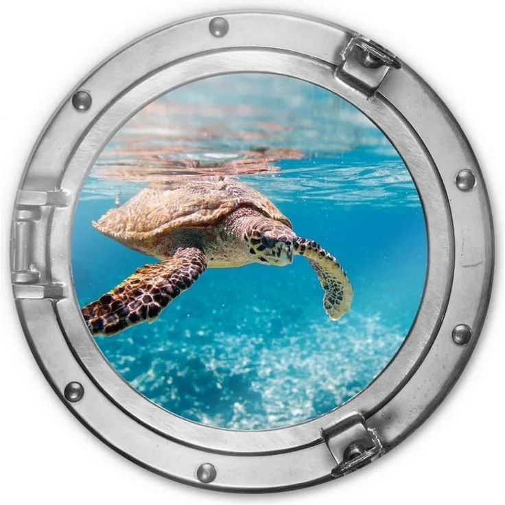K&L Wall Art Glasbild Bullauge Glas Wandbild Badezimmer Glasposter Unterwasserwelt, Traumhafte Meerestiere auf ESG Sicherheitsglas, rundes Glasbild maritime Badezimmer Poster aus Glas inkl. Halterung