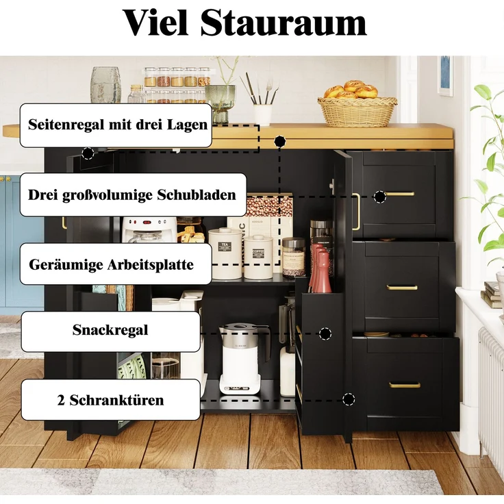 Merax Verlängerbarer Barwagen mit 2 Türen & 3 Schubladen (135-228 x 39 x 104 cm), rollbar, Bartisch in Schwarz, Arbeitsplatte in Holzoptik – Bild 7