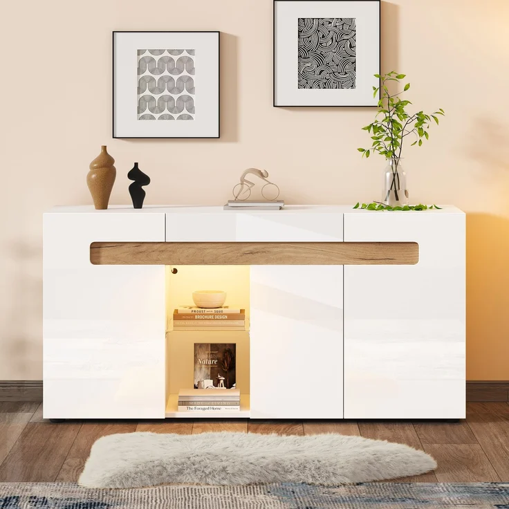 ZUBALIYA Sideboard 140x40x70 cm, mit LED-Beleuchtung, mit App-Steuerung, Hochglanz, aus Spanplatte, Weiß / Natur – Bild 1
