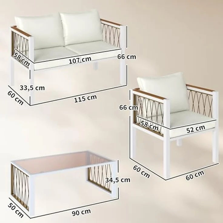 Outsunny Sitzgruppe mit Zweisitzer, 2 Sessel, Glastisch, Kissen, rutschfesten Matte, (Lounge-Set, 4-tlg, Gartenmöbel Set), für Garten Balkon Cremeweiß – Bild 7