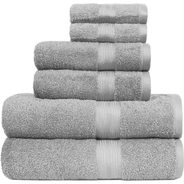 Amazon Basics Handtücher Set 6-teilig, 100% Baumwolle, Ausbleichbeständig, Grau, 2 Badetücher + 2 Handtücher + 2 Waschlappen – Bild 1
