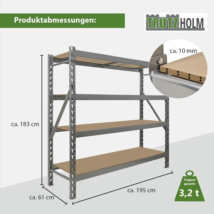 Schwerlastregal Emil 180x190x60 cm 3200 kg aus Stahl Stecksystem 4 Fachböden Pickregal Lagerregal – Bild 2