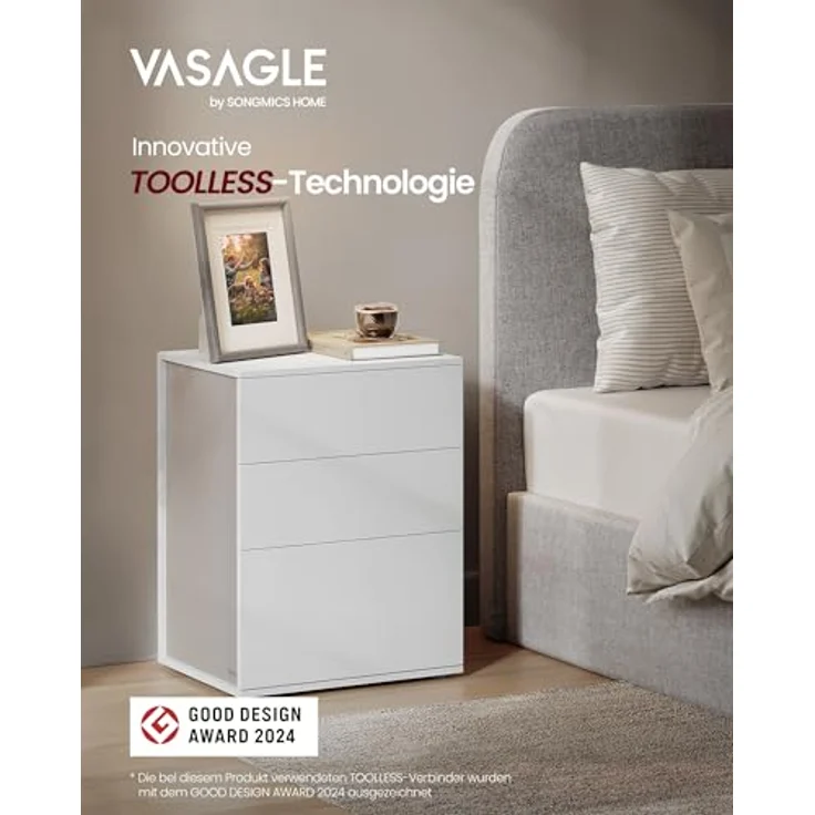 VASAGLE Nachttisch, 2er Set, Beistelltisch 3 Schubladen, Superschnelle werkzeuglose Montage, Nachtschrank, Schlafzimmer, Wohnzimmer, Toolless-Technologie, mattweiß-cappuccinobeige LET779W01 – Bild 4