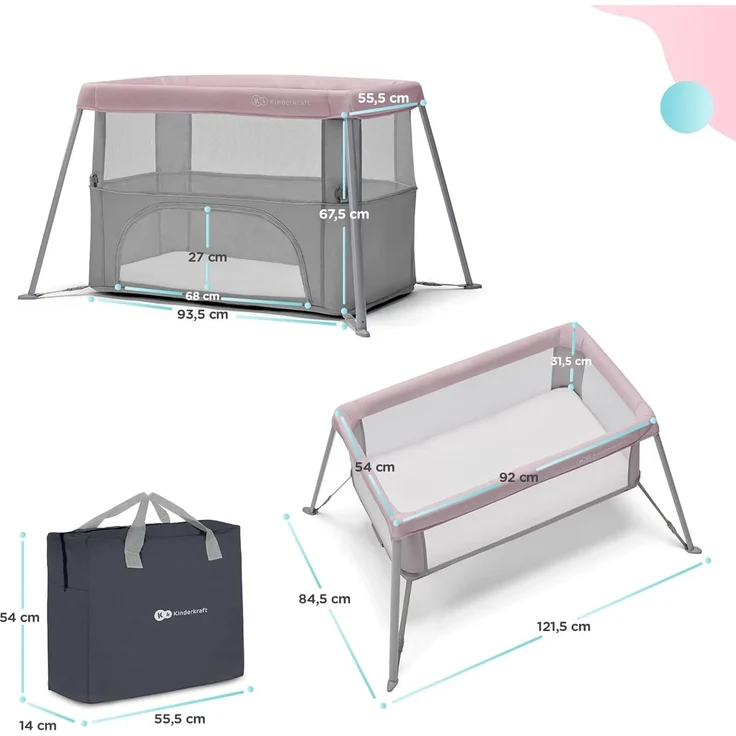 kk Kinderkraft Kinderkraft Reisebett 2 in 1 MOVI, faltbares Kinderbett, Laufgitter, Separater Eingang, 2 Matratzenhöhen, Zusammenklappe, mit Zubehör, Matratze, Tragetasche, Rosa, Stahl, Aluminium – Bild 12