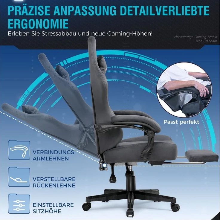 GTPLAYER Gaming Stuhl, Atmungsaktiver Bürostuhl, bürostuhl ergonomisch, Hochwertiger - Stoff, Ergonomischer PC Stuhl, 160° Verstellbare Rückenlehne und ausziehbare Fußstütze, Grau – Bild 3