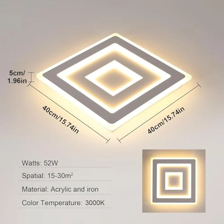 Comely LED Deckenleuchte Quadrat, Moderne Deckenlampe 52W Quadratisch LED Acryl LED Deckenbeleuchtung, LED Lampen Weiß für Schlafzimmer, Wohnzimmer, Flur, Warmes Licht 3000K, 40cm – Bild 3