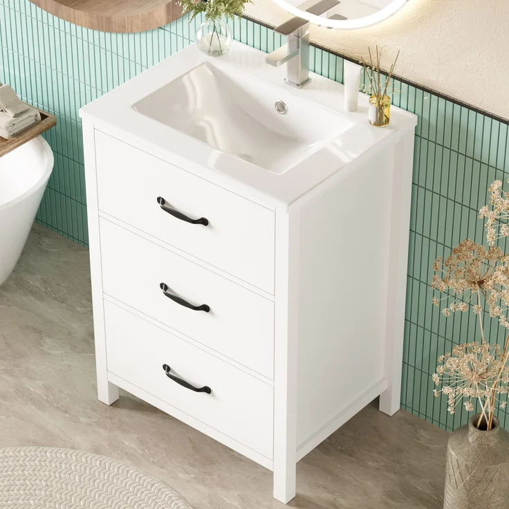 Freistehender Waschtisch B 61 x T 47 x H 83 cm aus MDF mit Keramikbecken und 3 Schubladen – Bild 2