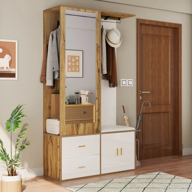Edles Garderobenset in Weiß- und Holzfarben mit Spiegel, Schuhschrank, Schuhbank mit Haken und ausziehbarer Kleiderstange – Bild 2