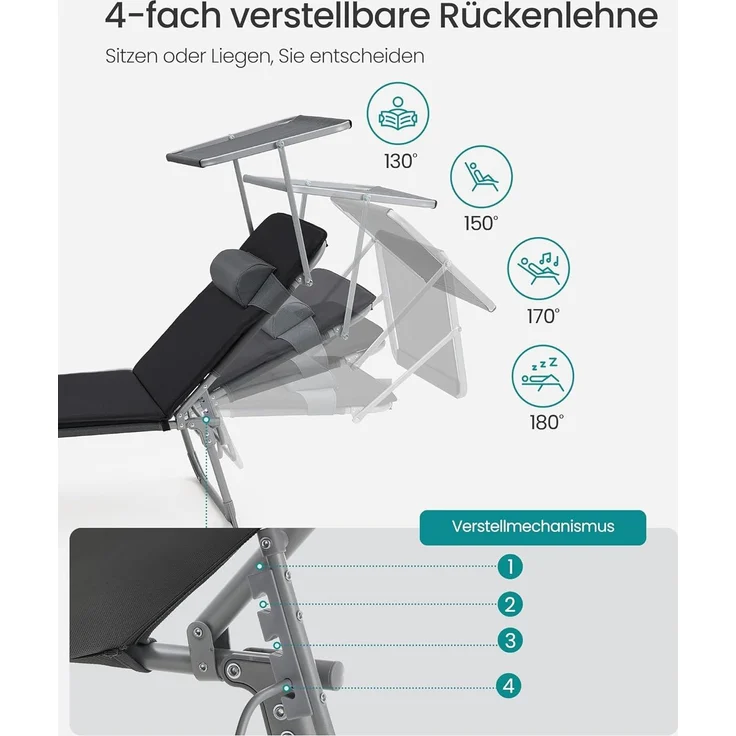 Songmics Sonnenliege, Rückenlehne verstellbar, klappbar, schwarz 53 x 193 x 29,5 cm – Bild 6