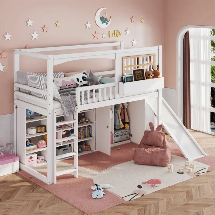 Etagenbett 90 × 200 cm (Liegefläche) – Etagenbett mit Rutsche, Kleiderschrank & Regal, vierseitiger Fallschutz, Weiß/Natur – Bild 5