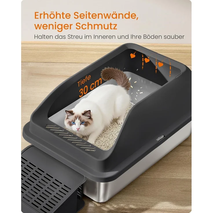 FEANDREA Katzenklo, Katzentoilette, mit hohen Seitenwänden, geräumig, Schaufel, Bürste, schwarz – Bild 4