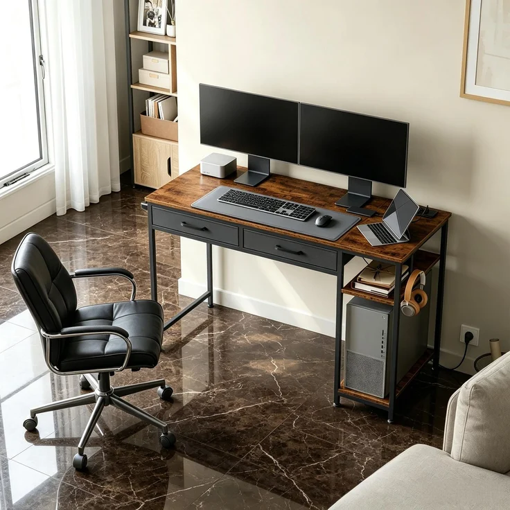 Schreibtisch 120x51x75 cm in Rustik Braun mit 2 Stoffschubladen und Ladestation – Bild 3