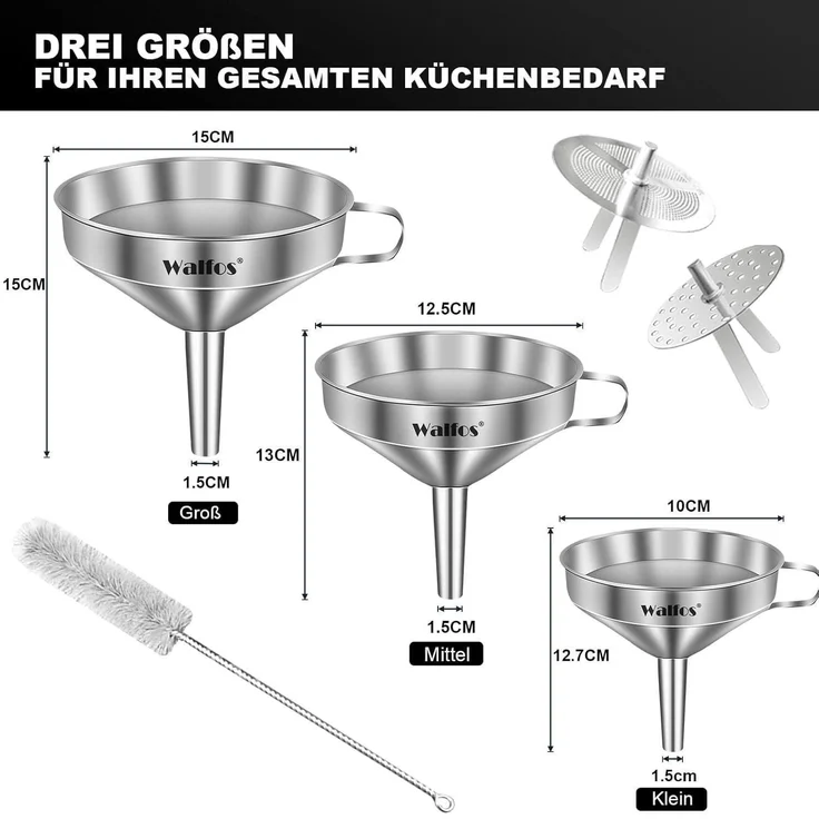 Walfos Edelstahl Trichter Set 3er Pack mit 2 Siebfiler & Reinigungsbürste – Bild 5