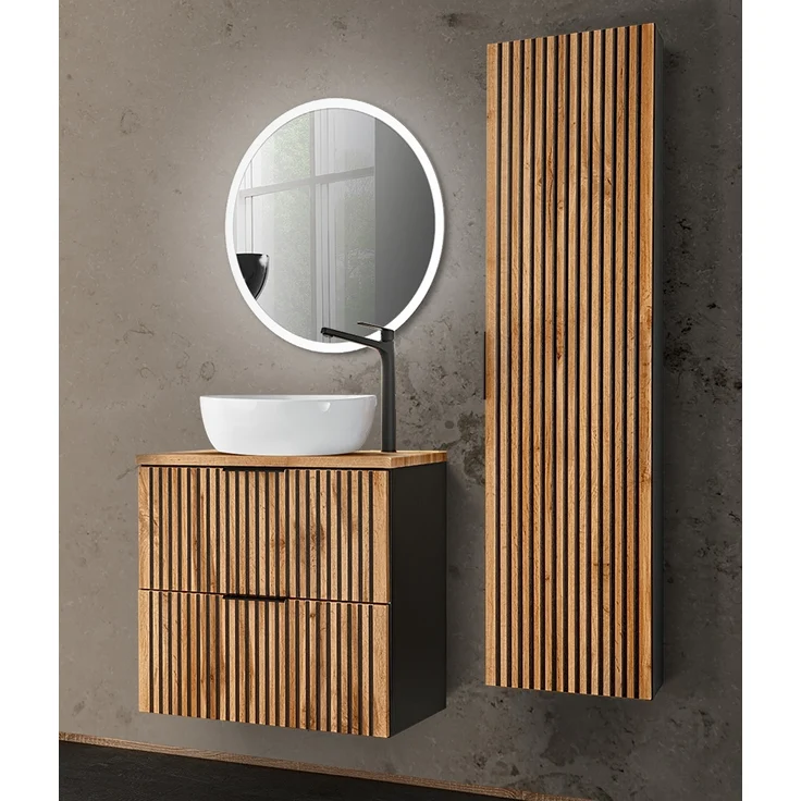Badmöbel Set schwarz gerillt mit Waschtisch 60 cm, Hochschrank XANTEN-56 in anthrazit mit Eiche Nb, B/H/T: 110/200/46,5 cm – Bild 1