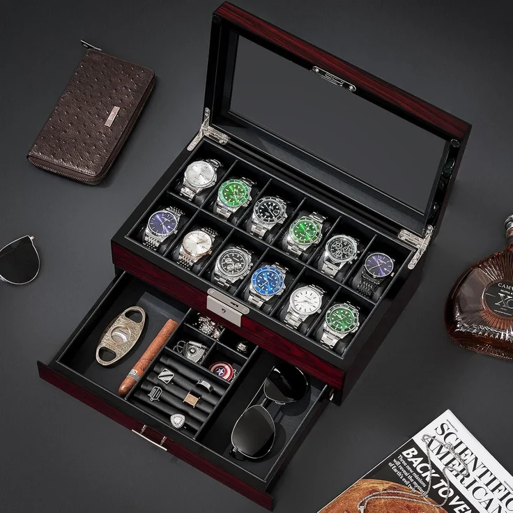 Uhrenbox Herren Watch Box Uhrengehäuse Glasdeckel 2-Tier Organizer UJWB001Y – Bild 7