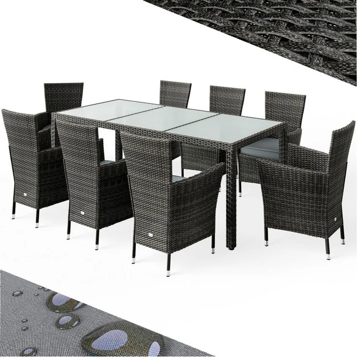 Casaria Garten-Essgruppe, (9-tlg), Polyrattan 8 Stühle Stapelbar 190x90cm Gartentisch Glas Wetterfest