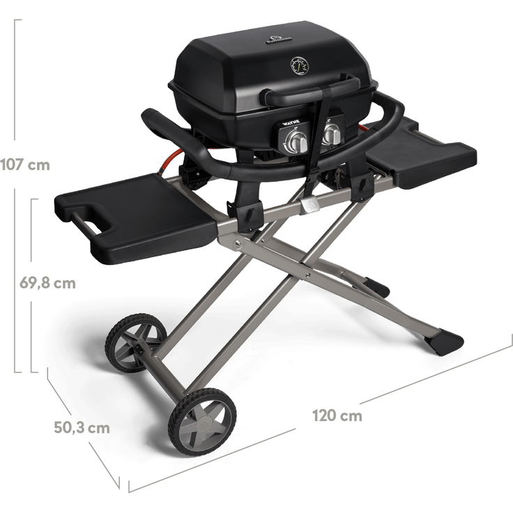 BURNHARD® Tragbarer 2-Brenner Gasgrill WAYNE inkl. Rollwagen, 4,4 kW bis zu 390°C Kompaktgrill mit Aludruckguss Brennkammer inkl. Abdeckhaube, Gusseisen Grillrost, 2 Edelstahlbrenner mit Piezozündung - Multi-Color - #945030 – Bild 2