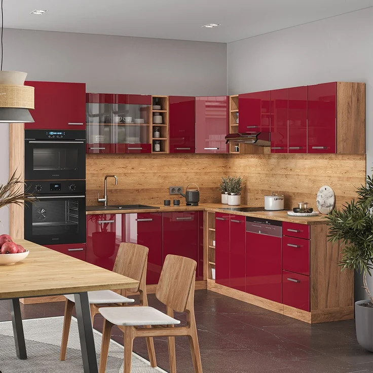 Eckküche R-Line Rot Hochglanz/Goldkraft Eiche 247 x 46 cm ohne Arbeitsplatte Vicco – Bild 4