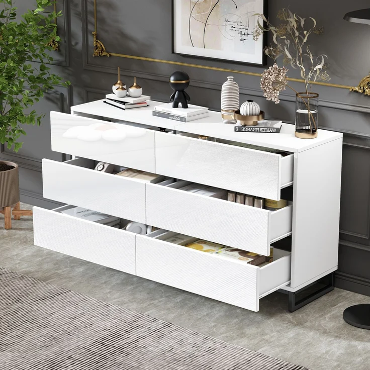 Sideboard 140 x 39,5 x 78,5 cm Weiß mit 6 Schubladen, Hochglanzfront, Metallfüße, großer Stauraum, symmetrisches Design – Bild 1