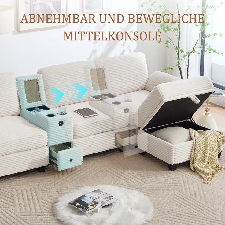 LVHOM 3-Sitzer Sofa mit Hocker, L-Form Ecksofa mit Stauraum, USB-C-Anschluss und 2 Getränkehaltern, modulares Sofa, Beige – Bild 4