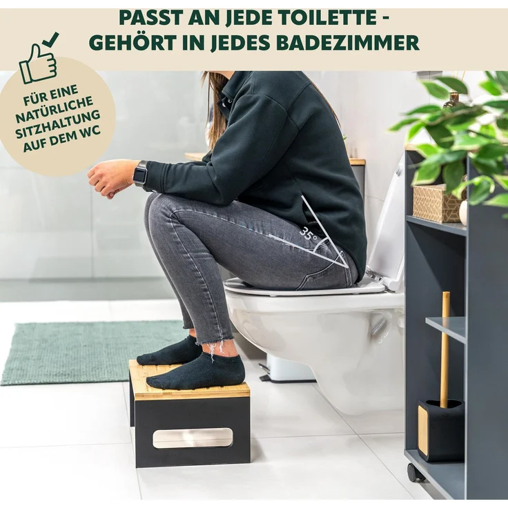 eluno Toilettenhocker, Fußbank aus Bambus, platzsparend zusammenklappbar, schwarz – Bild 2