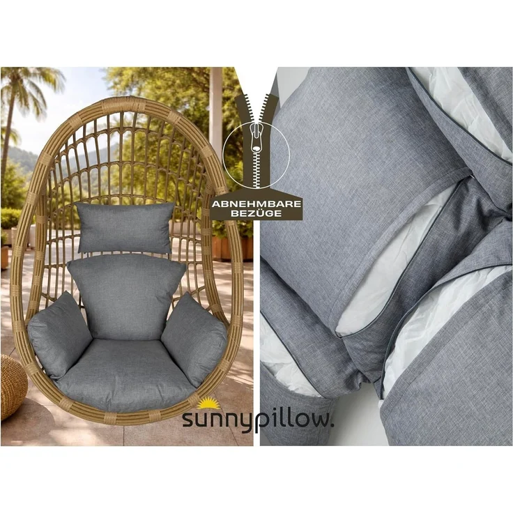 sunnypillow Hängesessel Auflage für Rattan & Polyrattan Hängeschaukel, Grau – Bild 3