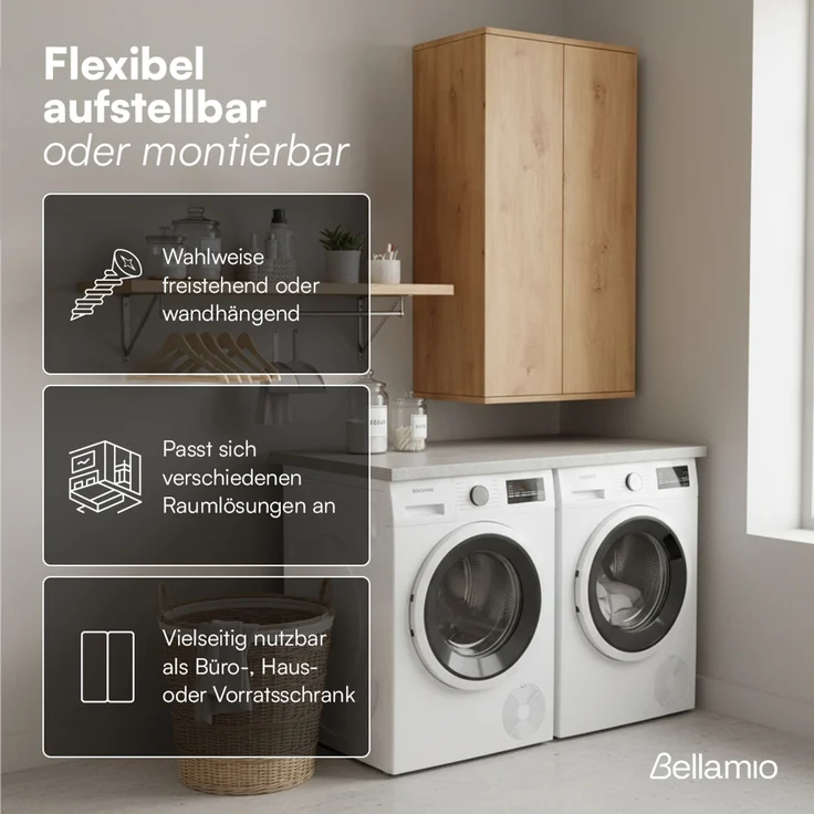 Bellamio 'Ais' Mehrzweckschrank, Eichenoptik, 110x33x60 cm, kleiner Aktenschrank mit 3 Fächern, Hängeschrank mit Push-to-open – Bild 5