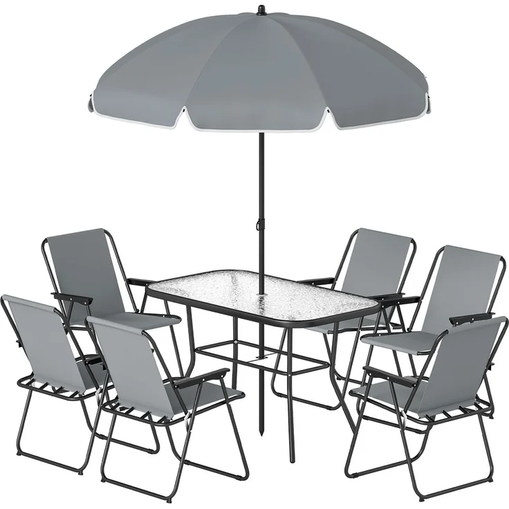 Gartenmöbel Set Sitzgruppe 119 x 68cm Glastisch mit 6 Klappstühlen Sonnenschirm Wasserwellenmuster Grau--Grau--70x68x119cm--YOUDENOVA – Bild 2