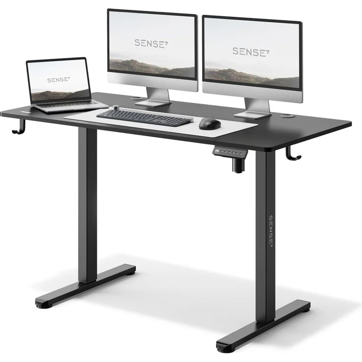 SENSE7 NOJO elektrisch höhenverstellbarer Schreibtisch 120x60 PC & Gaming Tisch mit Speicherfunktio Kabelwanne und Kopfhörerhalter Leise Höhenverstellung für deinen perfekten Stehschreibtisch Schwarz