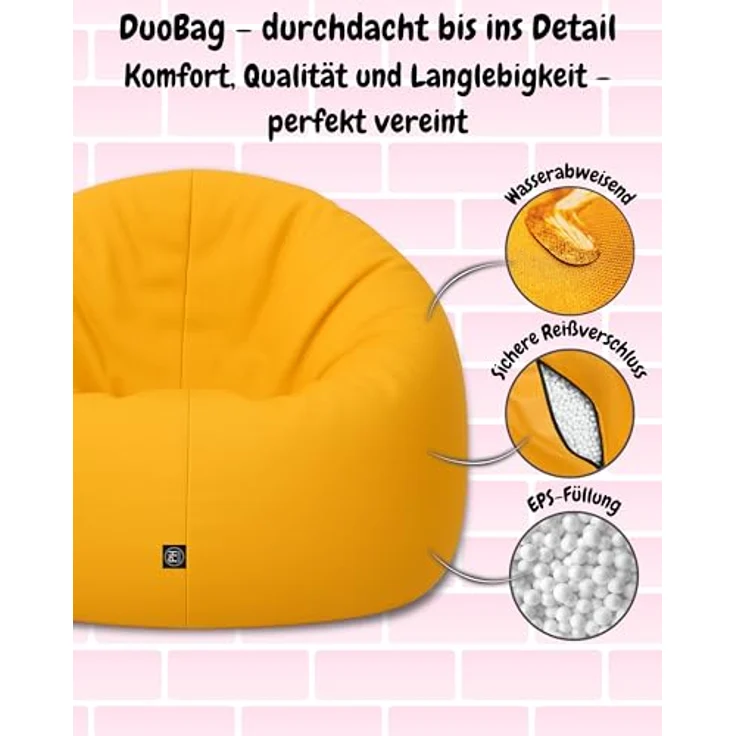 PATCH HOME 2-in-1 Sitzsack Sessel - Gaming Bean Bag mit Reißverschluss - Bereits befüllt, Ergonomisch & Robust für Kinder & Erwachsene (Gelb, 155cm) – Bild 5