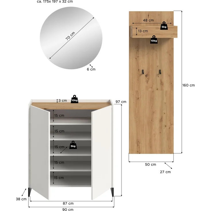 Garderobenkombination B/H/T: 197x175x32 cm in weiß Nachbildung und Artisan Oak Nachbildung – Bild 4