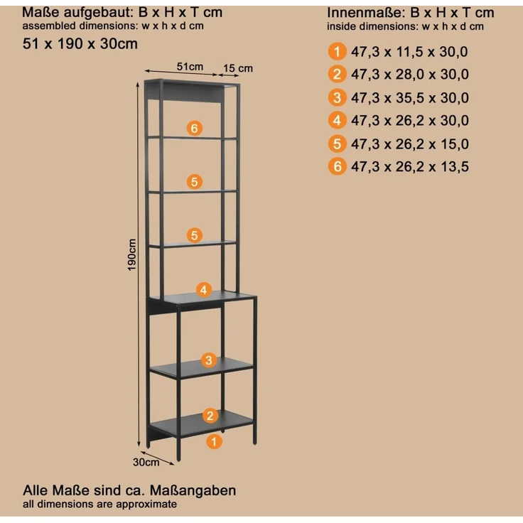 trendteam smart living - Lorin - Hochregal - Schwarz - Standregal mit 6 offenen Fächern - (BxHxT) 51 x 190 x 30 cm - bietet viel Stauraum – Bild 3