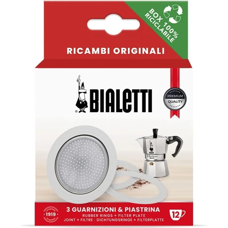 Bialetti 3 Dichtungen + 1 Filter 12 Tassen Karton