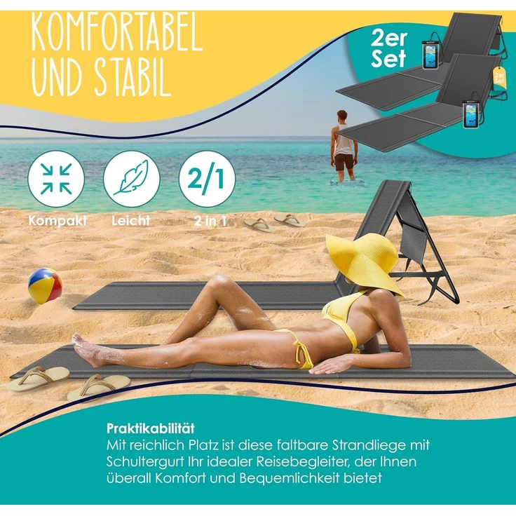 KESSER® Strandmatte klappbar mit verstellbarer Rückenlehne, Strandliege faltbar mit Tragegurt, wasserdichter Handyhülle & Aufbewahrungstasche, Sonnenliege für Strand Garten Terrasse, Liegematte 130Kg Anthrazit, 2er Set / 50W – Bild 3