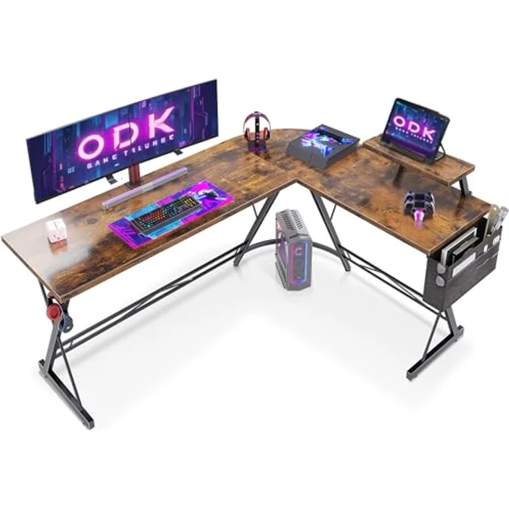 ODK Gaming Tisch, Computertisch, Gaming Schreibtisch mit runder Ecke, Gaming-Tisch mit Monitorablage (Weinlese, 167x120 cm) – Bild 2