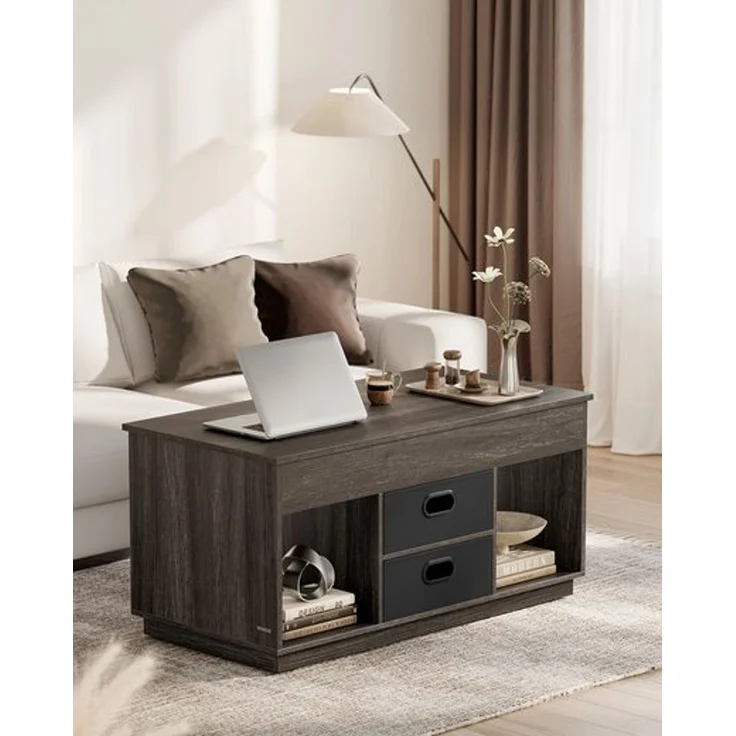 Vasagle Couchtisch, höhenverstellbarer Wohnzimmertisch, 2 Schubladen und versteckte Fächer, Kaffeetisch, offene Fächer, für Wohnzimmer, Homeoffice, aschbraun – Bild 2