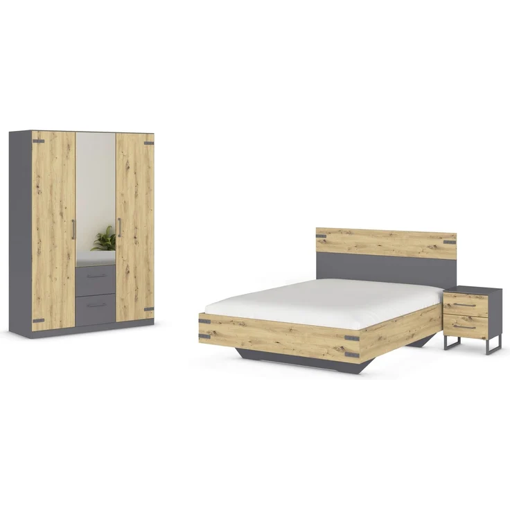 Schlafzimmer-Set >Butte< (3-teilig) in grau metallic / Eiche Artisan Dekor – Bild 2